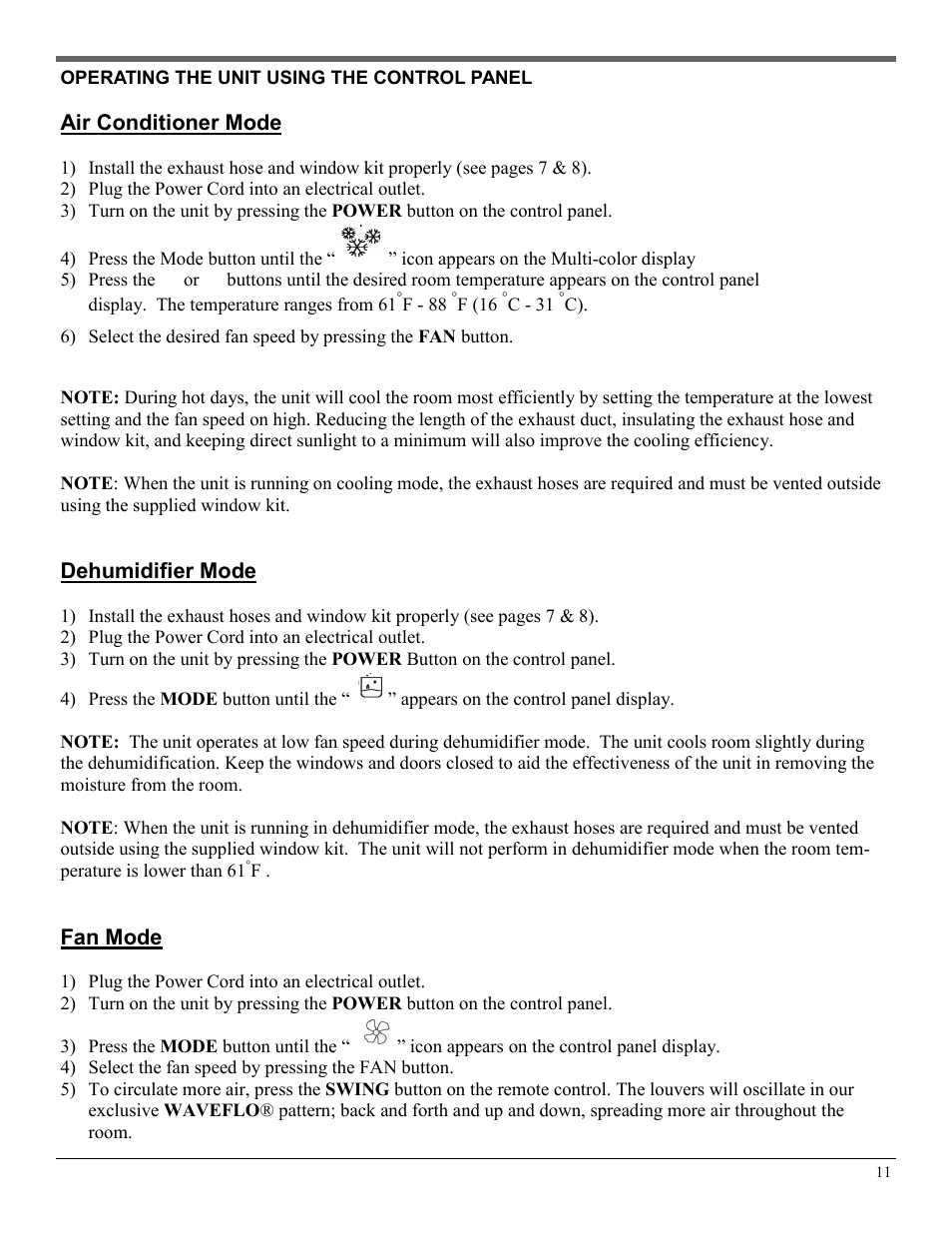 Air conditioner mode, Dehumidifier mode, Fan mode | Soleus Air PH3-10R-03 User Manual | Page 11 / 16