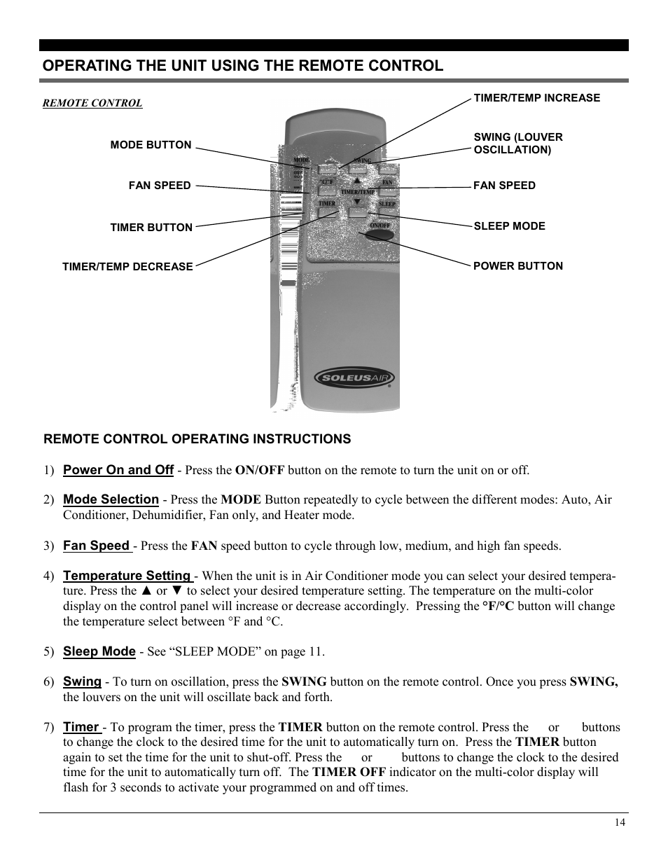 Operating the unit using the remote control | Soleus Air PH3-10R-03 User Manual | Page 14 / 16