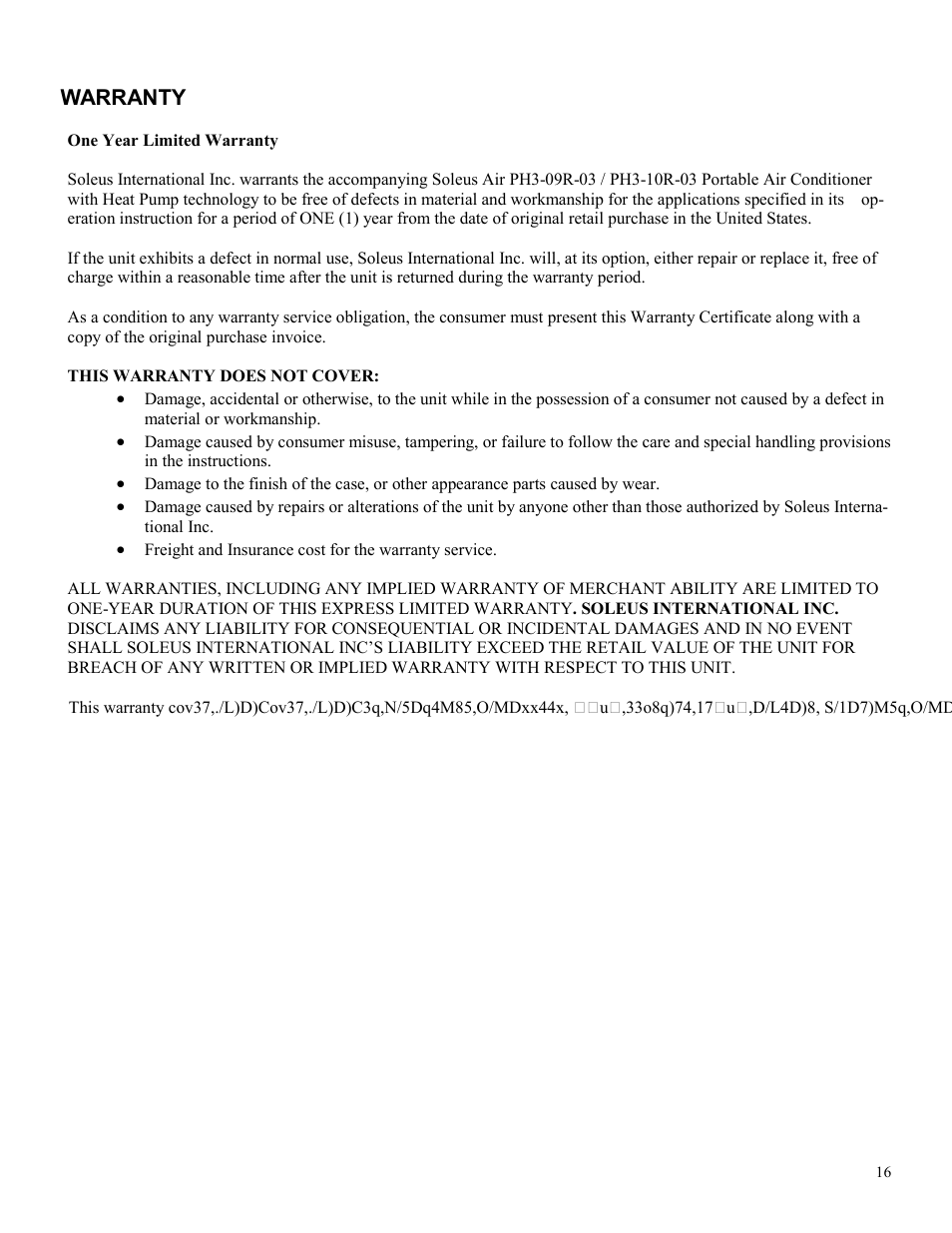 Warranty | Soleus Air PH3-10R-03 User Manual | Page 16 / 16