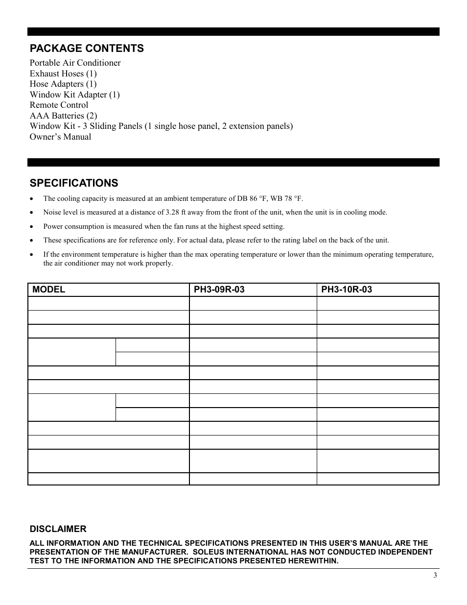 Specifications, Package contents | Soleus Air PH3-10R-03 User Manual | Page 3 / 16