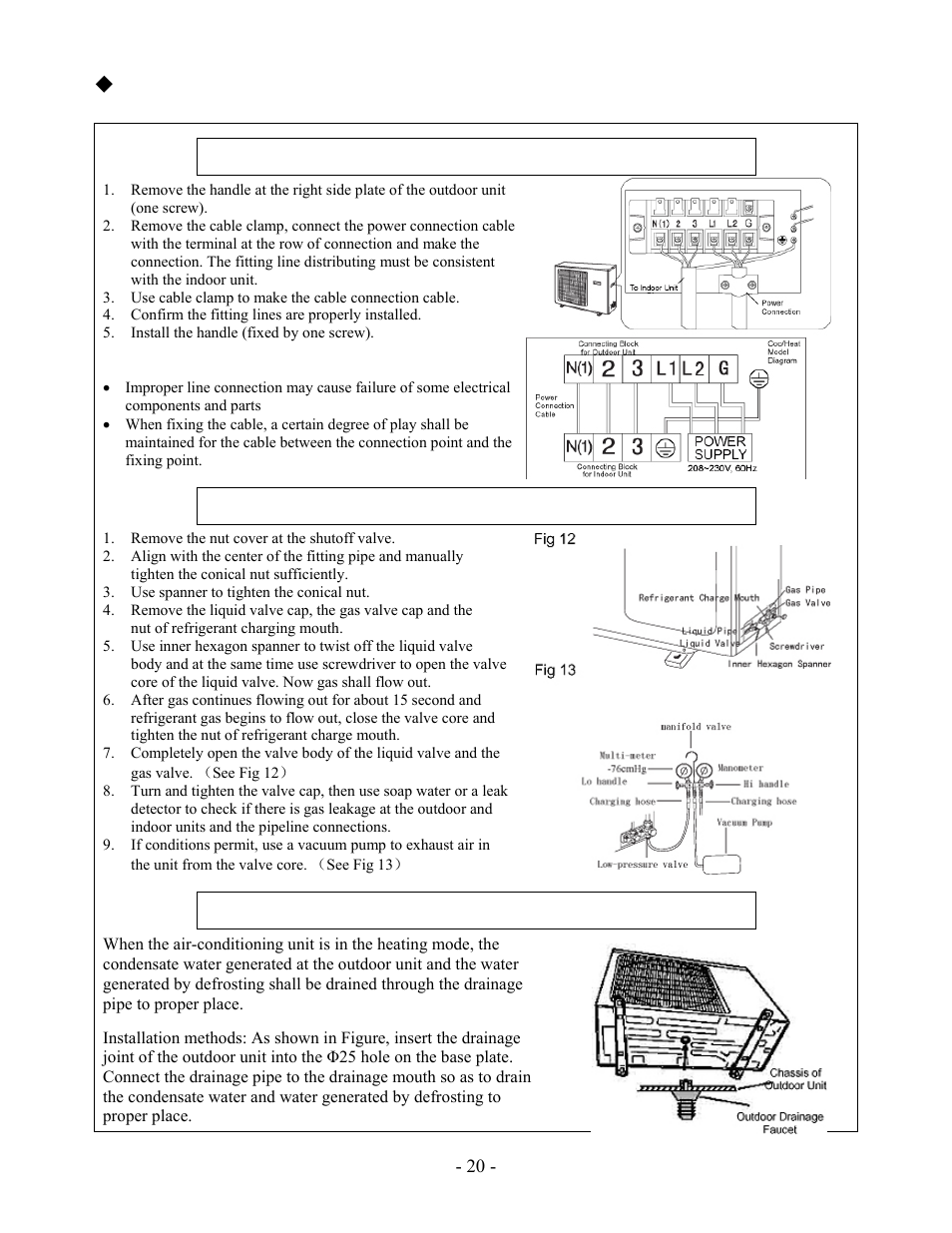 Install outdoor unit, Power cable connection, Vacuum – pumping and leakage inspection | Draining of condensate water of outdoor unit | Soleus Air KFHHP-18-ID User Manual | Page 22 / 26