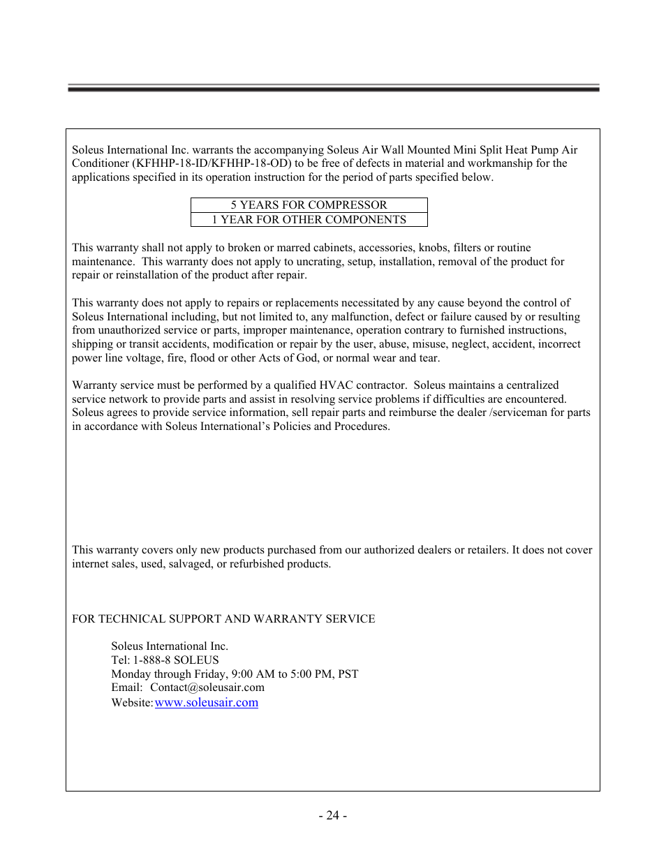 Warranty | Soleus Air KFHHP-18-ID User Manual | Page 26 / 26