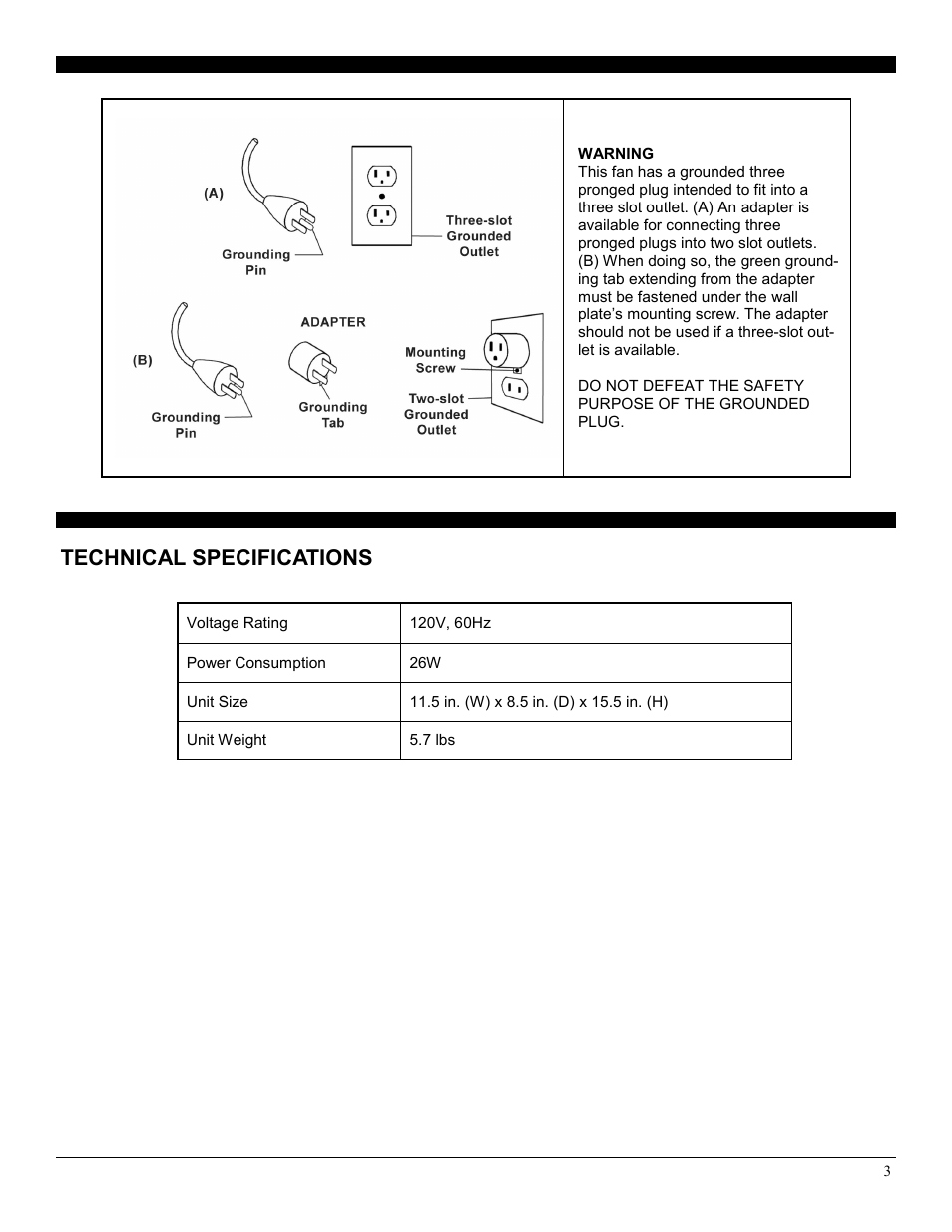 Technical specifications | Soleus Air FT1-25-20/21 User Manual | Page 3 / 8