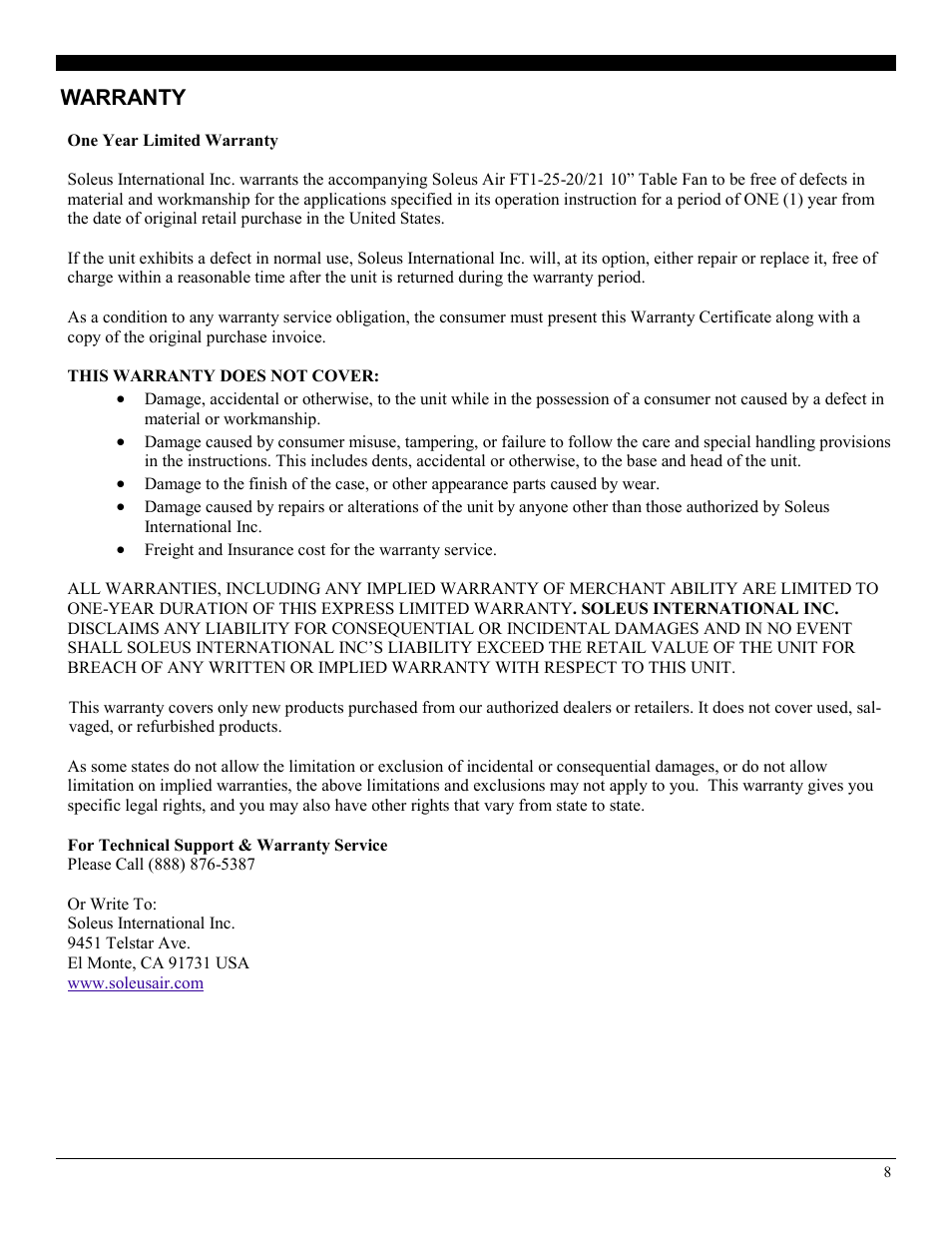 Warranty | Soleus Air FT1-25-20/21 User Manual | Page 8 / 8