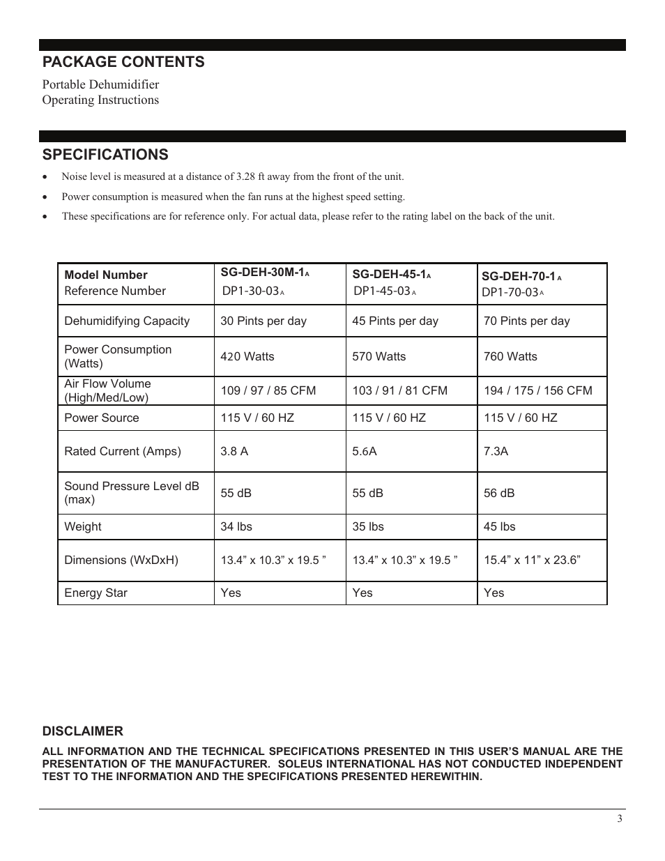 Specifications, Disclaimer, Package contents | Soleus Air SG-DEH-70-1A User Manual | Page 3 / 8