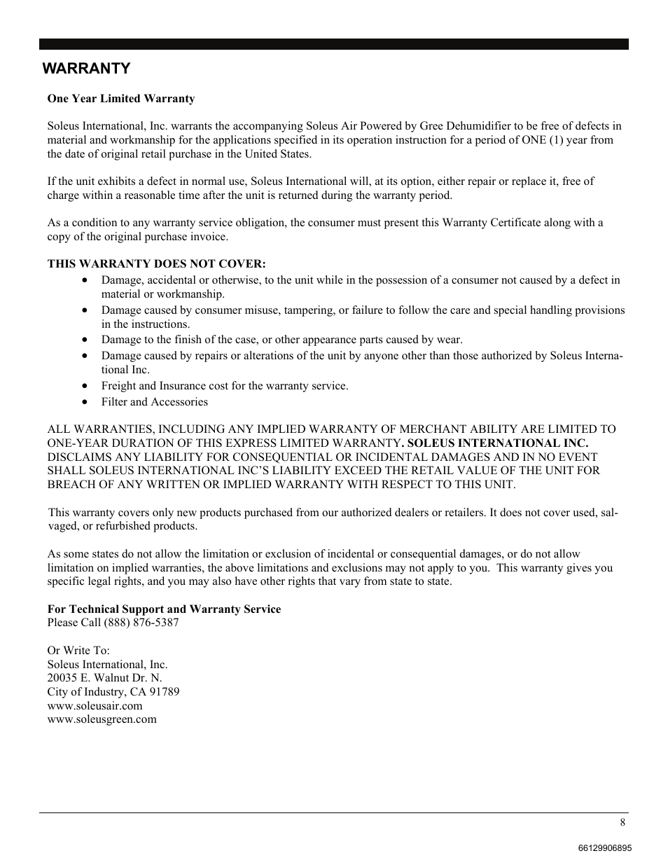 Warranty | Soleus Air SG-DEH-70-1A User Manual | Page 8 / 8