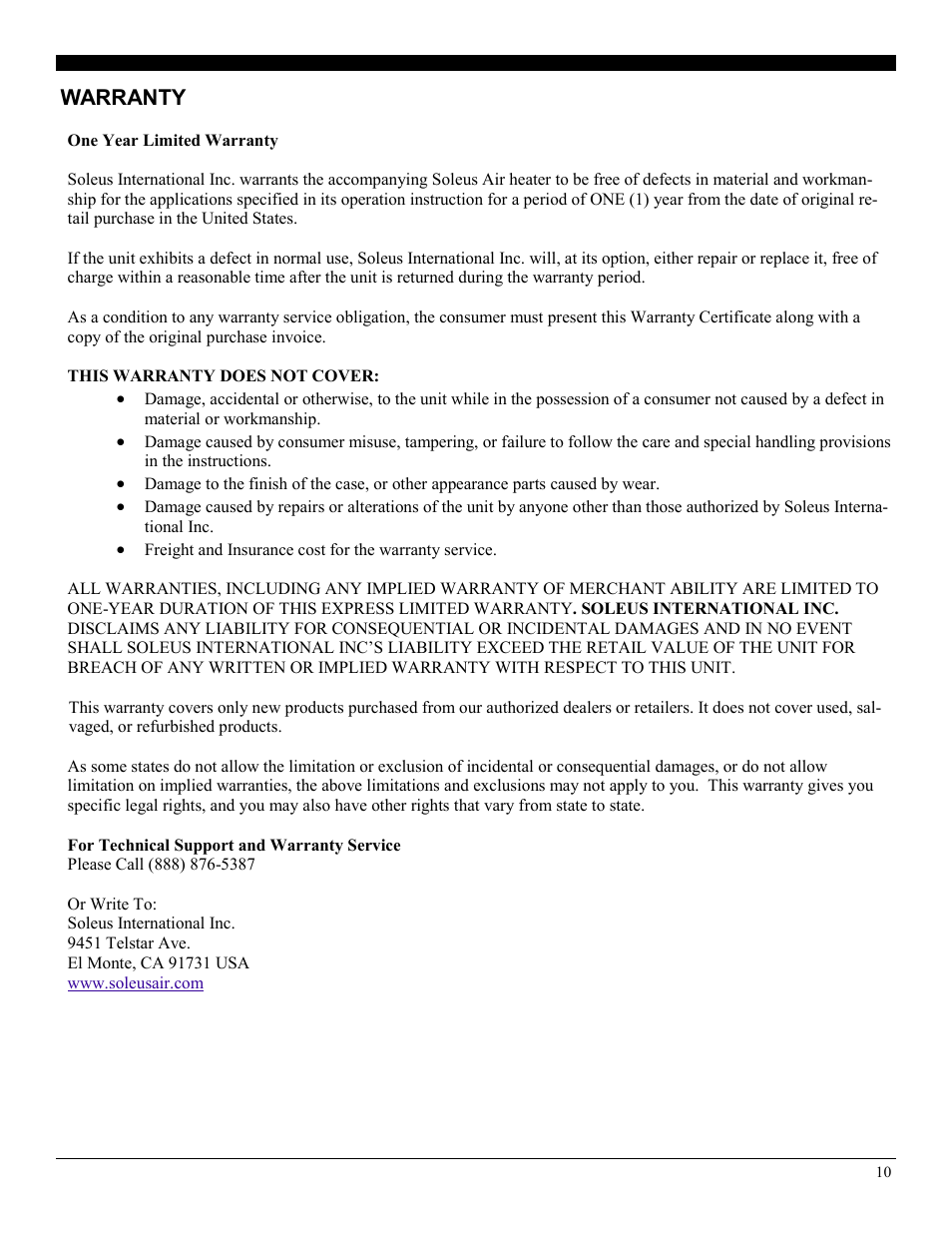 Warranty | Soleus Air HM1-10-01 User Manual | Page 10 / 10