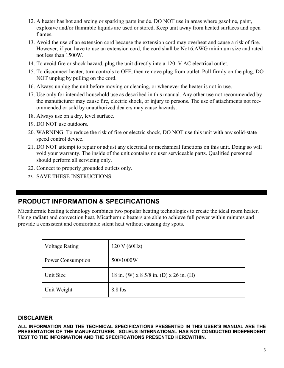 Product information & specifications | Soleus Air HM1-10-01 User Manual | Page 3 / 10