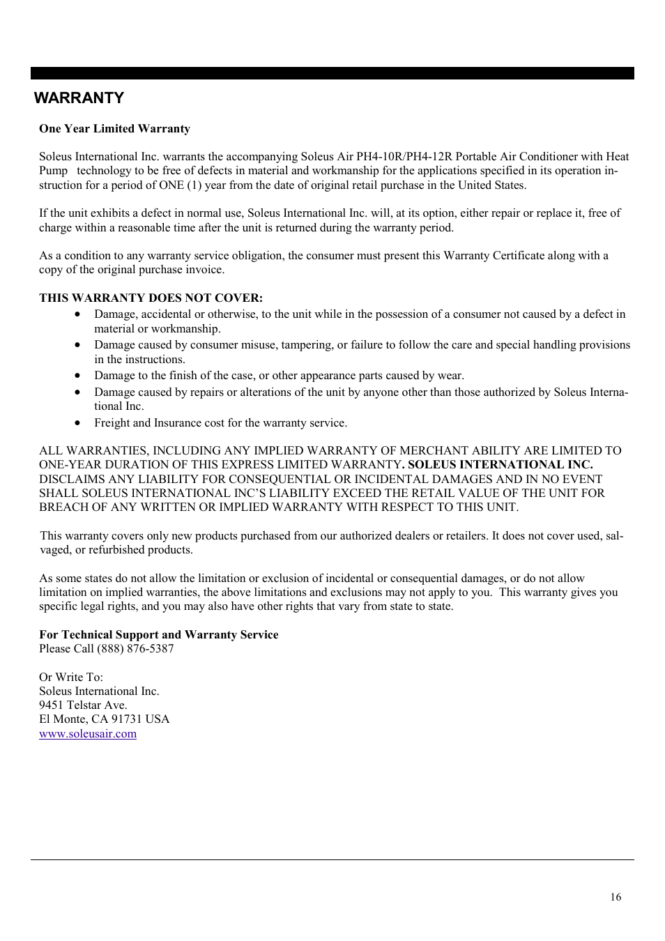 Warranty | Soleus Air PH4-12R-01 User Manual | Page 16 / 16