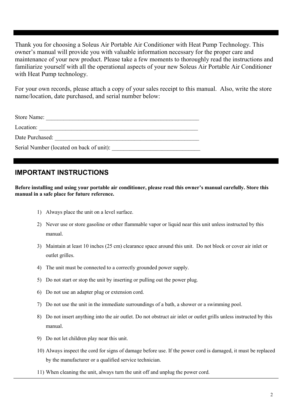 Important instructions | Soleus Air PH4-12R-01 User Manual | Page 2 / 16