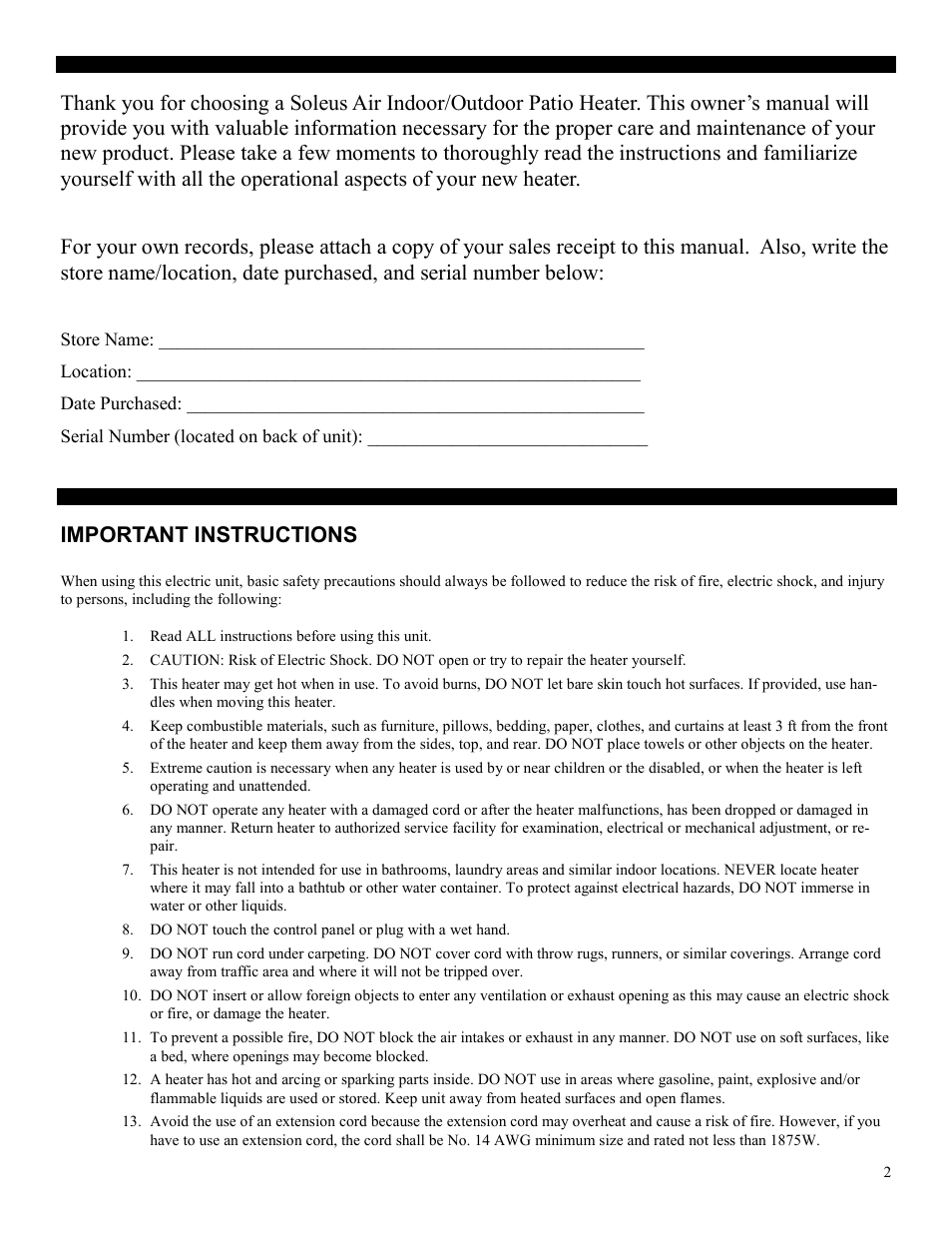 Important instructions | SoleusAir HP2-15-50 User Manual | Page 2 / 10