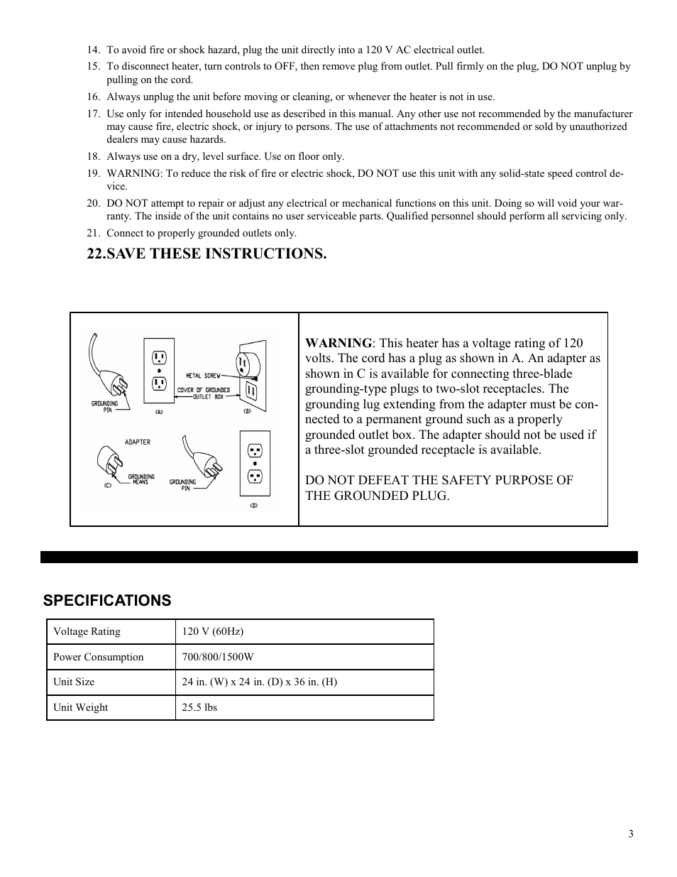 Save these instructions, Specifications | SoleusAir HP2-15-50 User Manual | Page 3 / 10