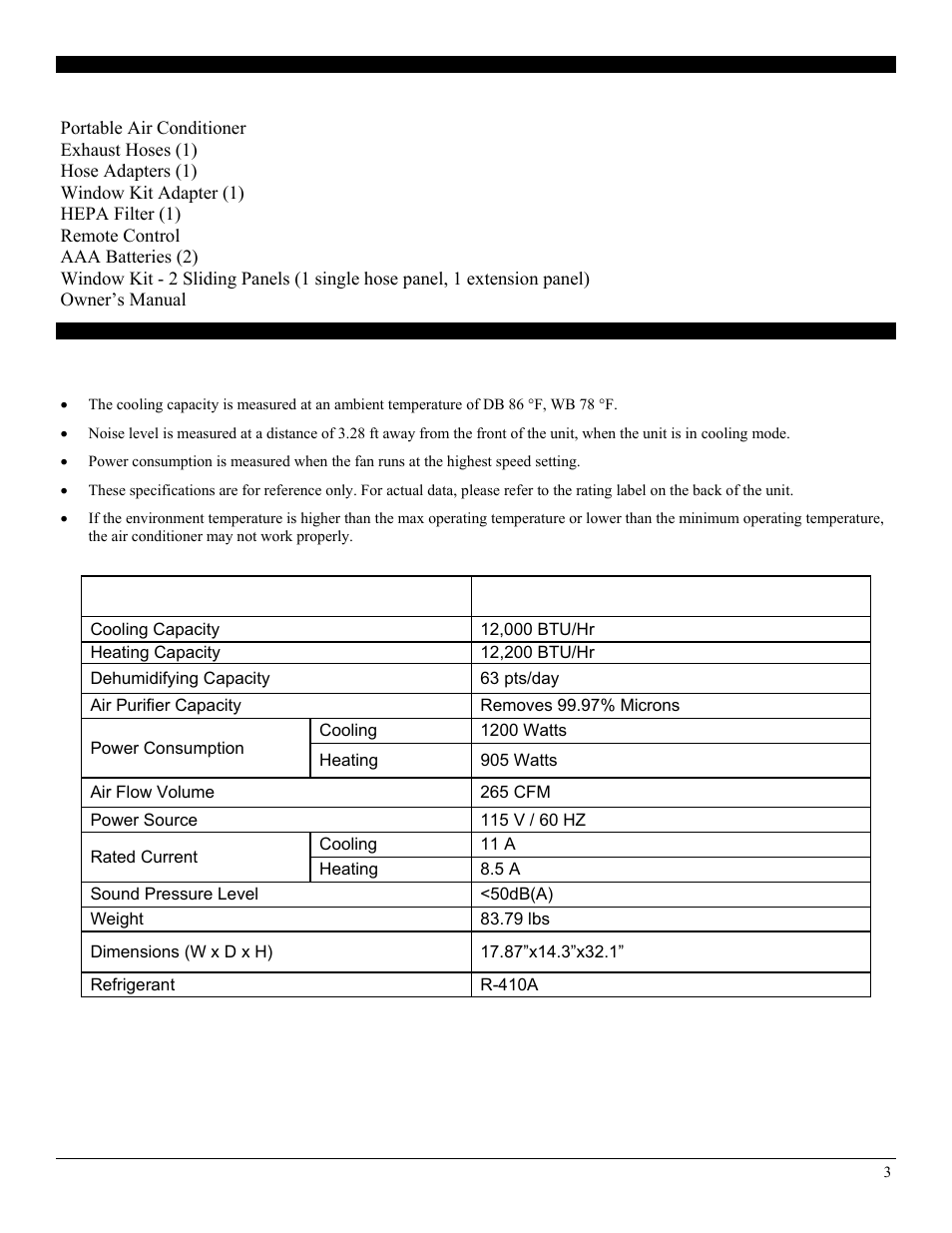 Specifications, Disclaimer, Package contents | SoleusAir PA1-12R-32 User Manual | Page 3 / 18