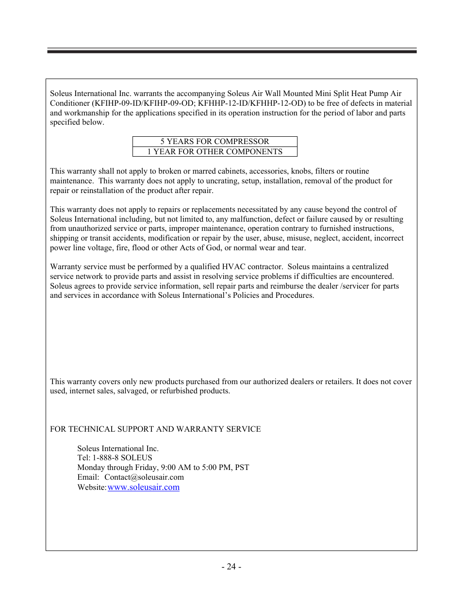 Warranty | Soleus Air KFHIP-09-OD User Manual | Page 26 / 26