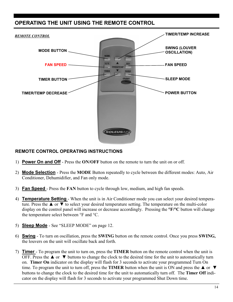 Operating the unit using the remote control | Soleus Air PE2-07R-62 User Manual | Page 14 / 16