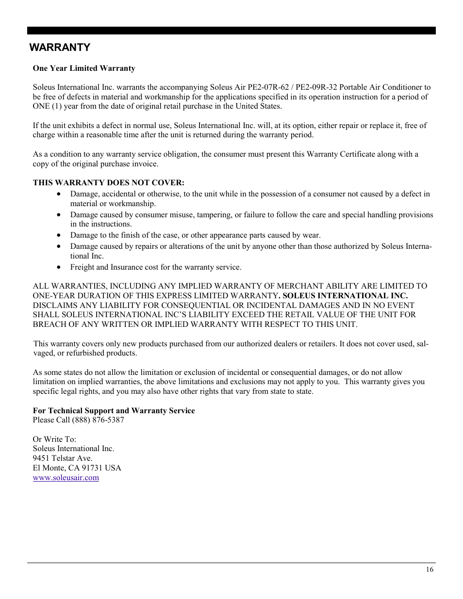 Warranty | Soleus Air PE2-07R-62 User Manual | Page 16 / 16