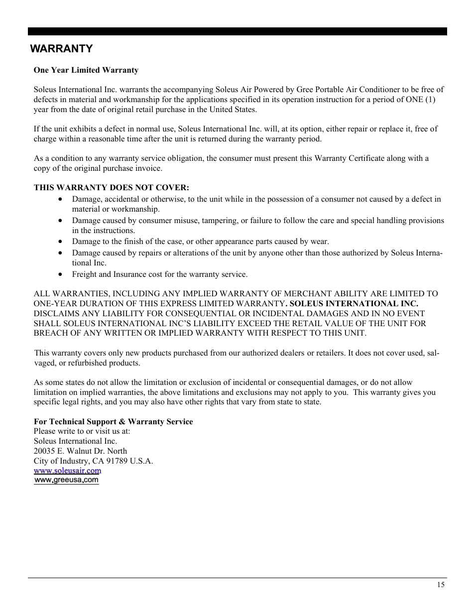 Warranty | Soleus Air 10 User Manual | Page 15 / 15