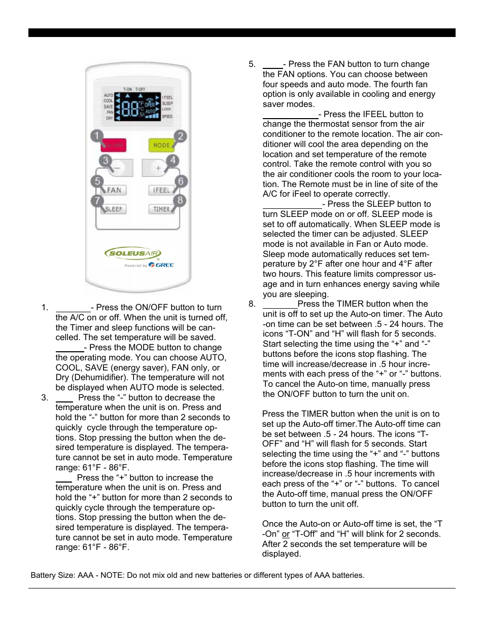 Operating your air conditioner | SoleusAir SG-WAC-10ESE-F User Manual | Page 11 / 17