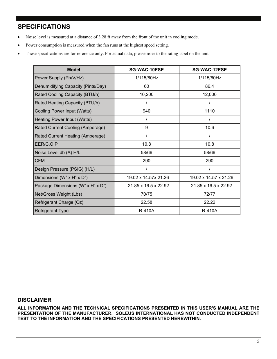 Specifications, Disclaimer | SoleusAir SG-WAC-10ESE User Manual | Page 6 / 16