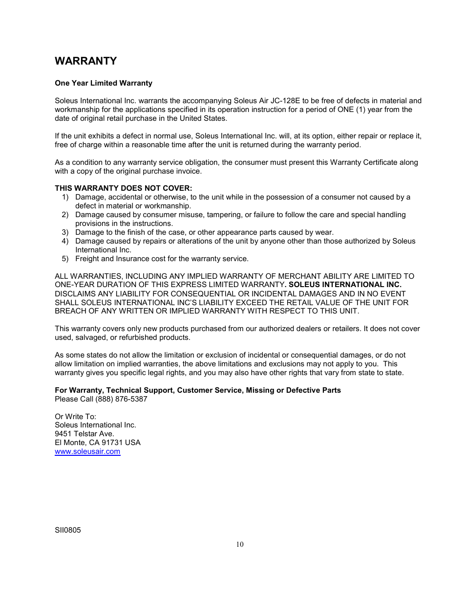 Warranty | Soleus Air JC-128E User Manual | Page 10 / 10