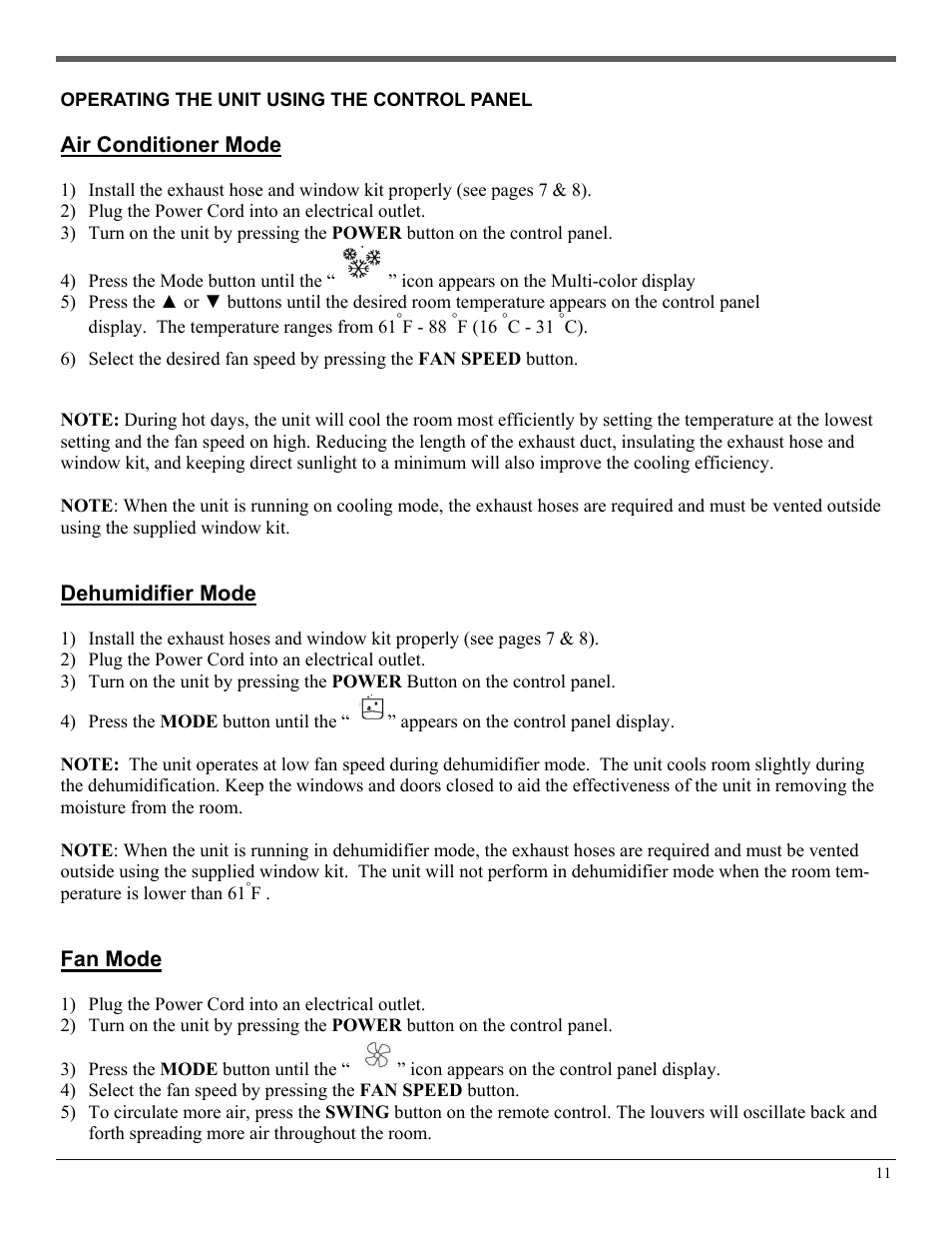 Operating the unit using the control panel, Air conditioner mode, Dehumidifier mode | Fan mode | Soleus Air PH3-12R-03 User Manual | Page 11 / 16