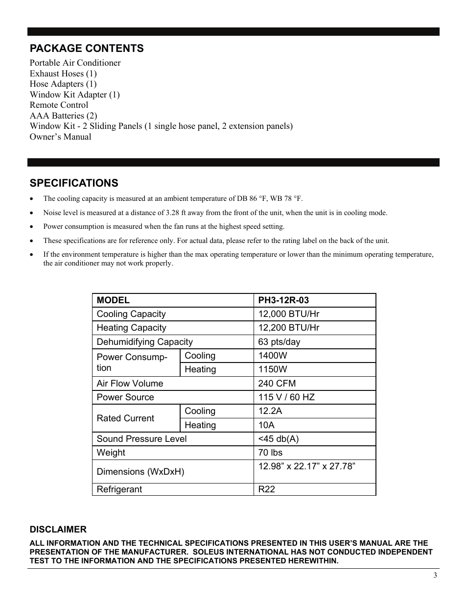 Specifications, Package contents, Disclaimer | Soleus Air PH3-12R-03 User Manual | Page 3 / 16