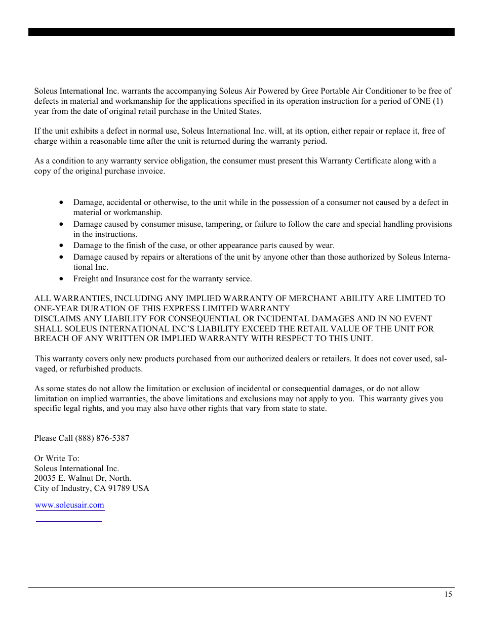 Warranty | Soleus Air Portable Air Conditioner GM-PAC-08E3 User Manual | Page 15 / 16