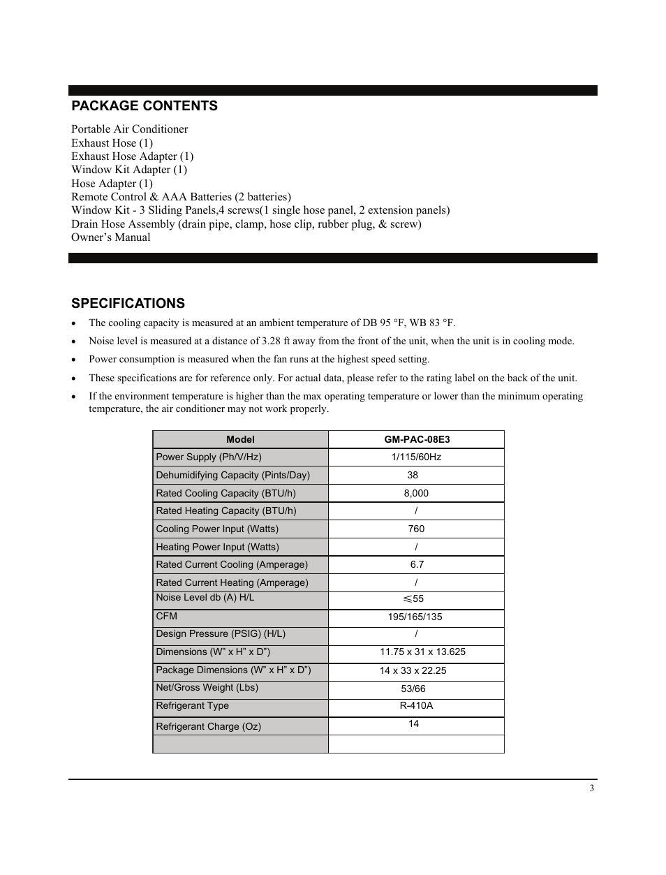 Specifications, Package contents | Soleus Air Portable Air Conditioner GM-PAC-08E3 User Manual | Page 3 / 16