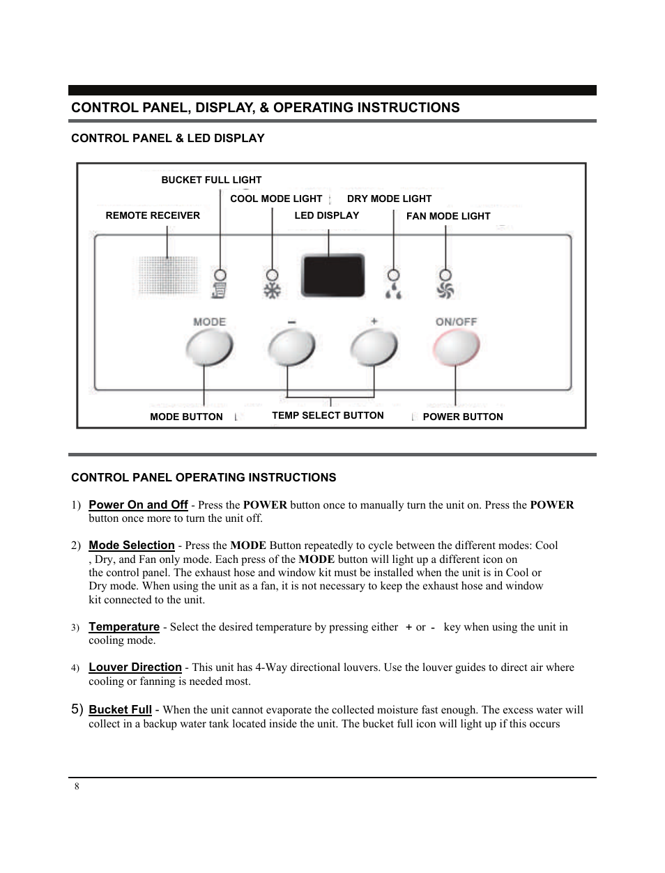 Control panel, display, & operating instructions | Soleus Air Portable Air Conditioner GM-PAC-08E3 User Manual | Page 8 / 16