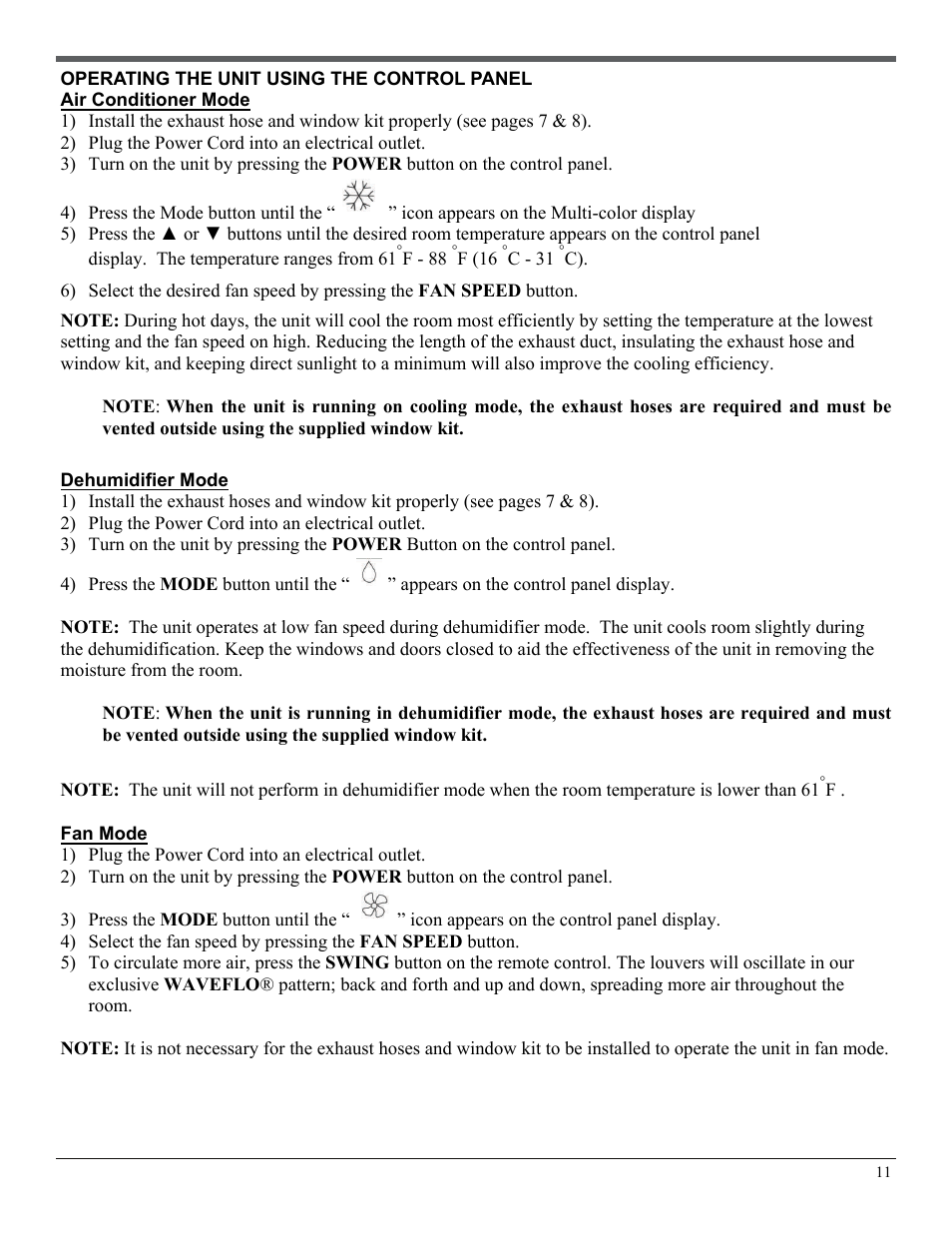 Operating the unit using the control panel | Soleus Air PE2-08R-62 User Manual | Page 11 / 16