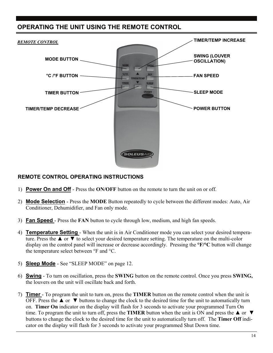 Operating the unit using the remote control | Soleus Air PE2-08R-62 User Manual | Page 14 / 16