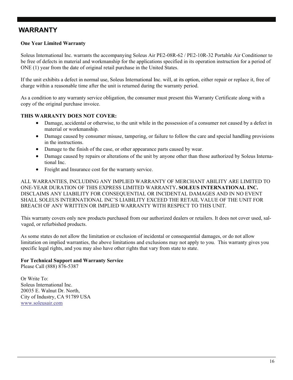 Warranty | Soleus Air PE2-08R-62 User Manual | Page 16 / 16