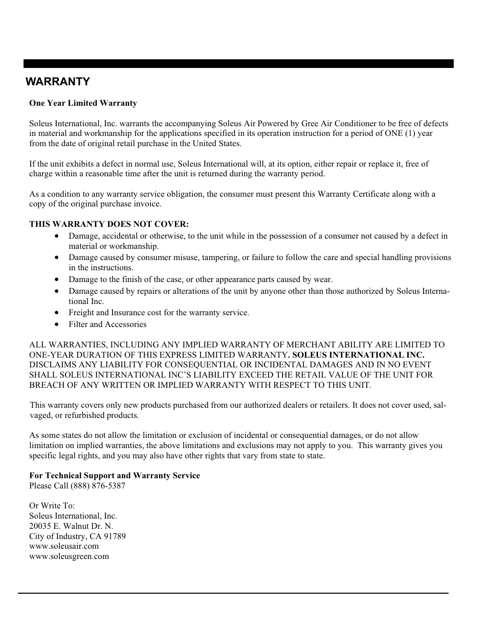 Warranty | SoleusAir SG-TTW-10HC User Manual | Page 17 / 20