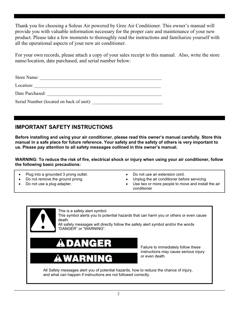 Important safety instructions | SoleusAir SG-TTW-10HC User Manual | Page 3 / 20