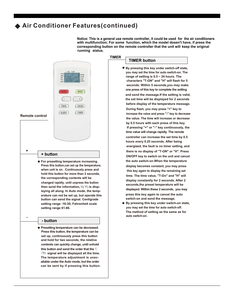 Air conditioner feature s(continued), Button, Timer button | SoleusAir SG-TTW-10HC User Manual | Page 9 / 20