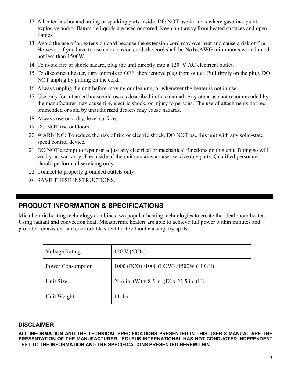 Product information & specifications | Soleus Air HGW-308R User Manual | Page 3 / 11