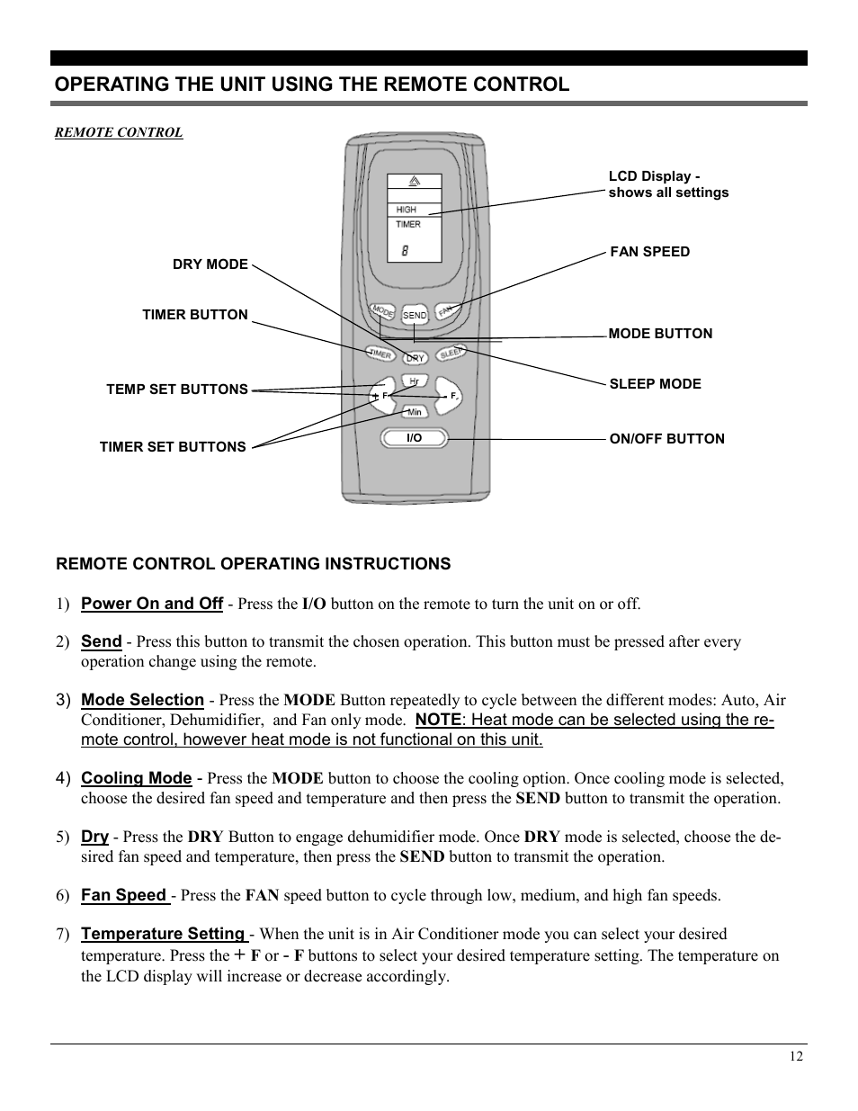 Operating the unit using the remote control | Soleus Air PE4-11R-03 User Manual | Page 12 / 16