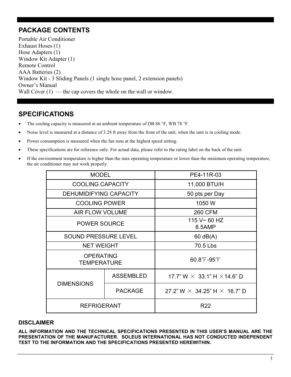 Specifications, Package contents | Soleus Air PE4-11R-03 User Manual | Page 3 / 16