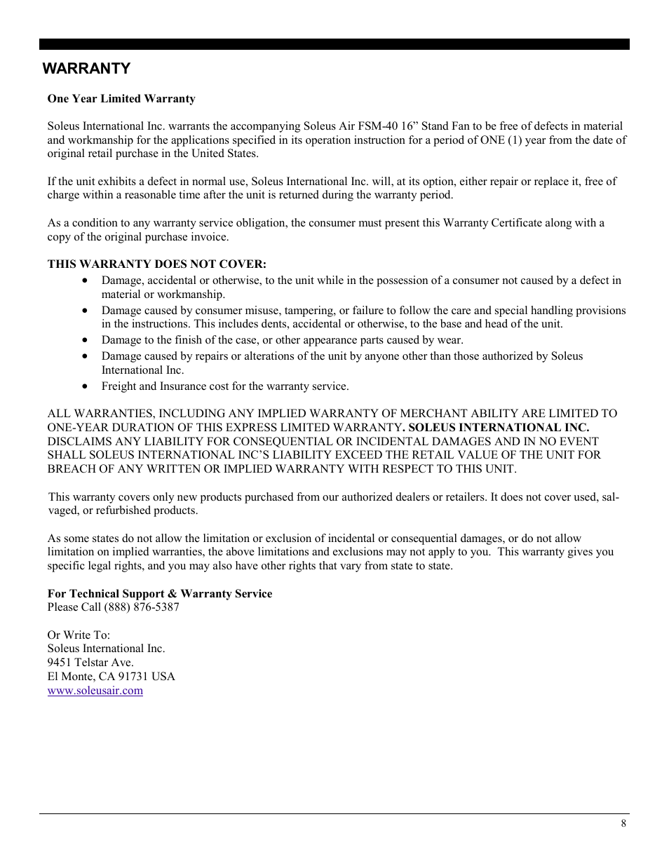 Warranty | Soleus Air FSM-40 User Manual | Page 8 / 8