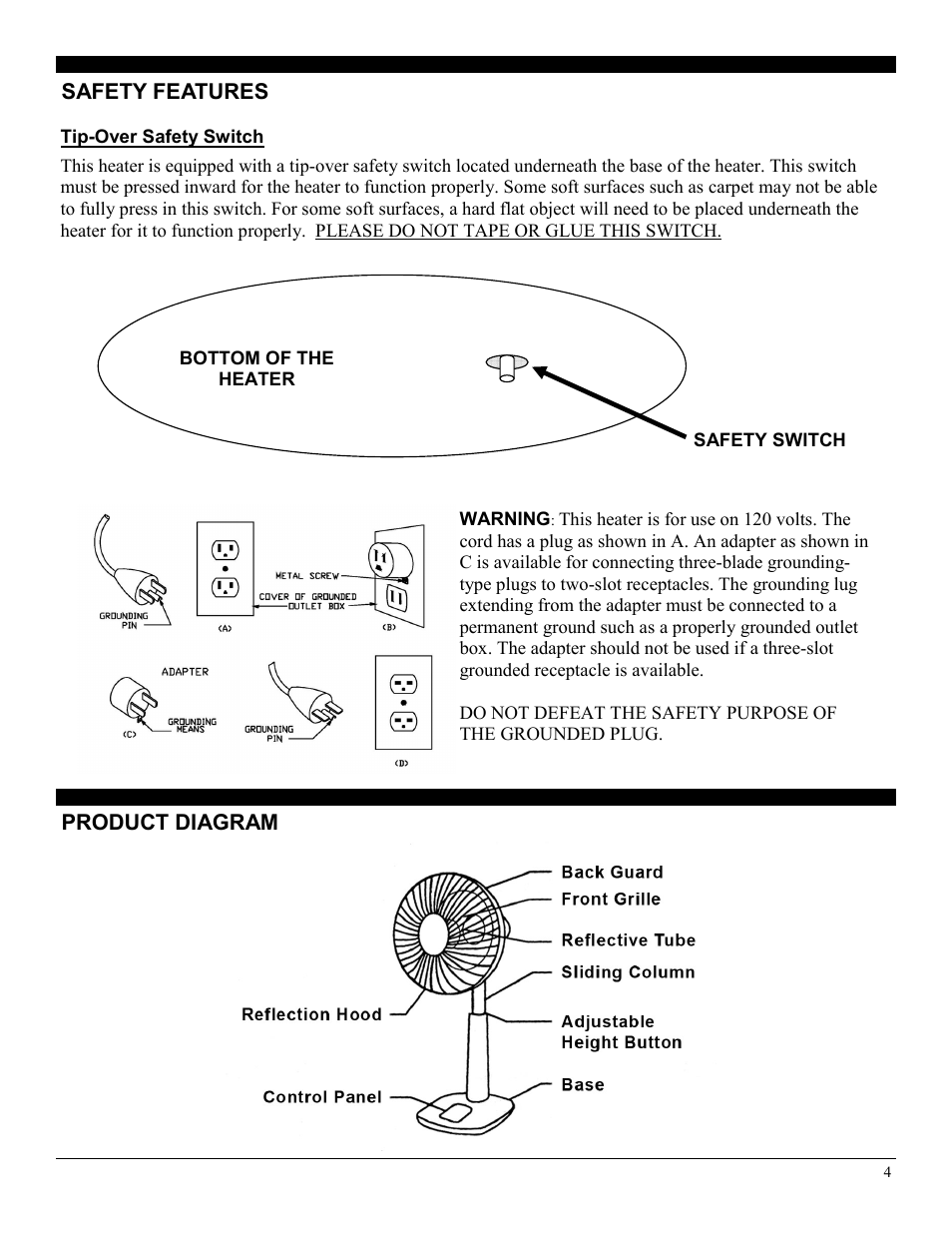 Product diagram, Safety features | Soleus Air MS-10R User Manual | Page 4 / 9