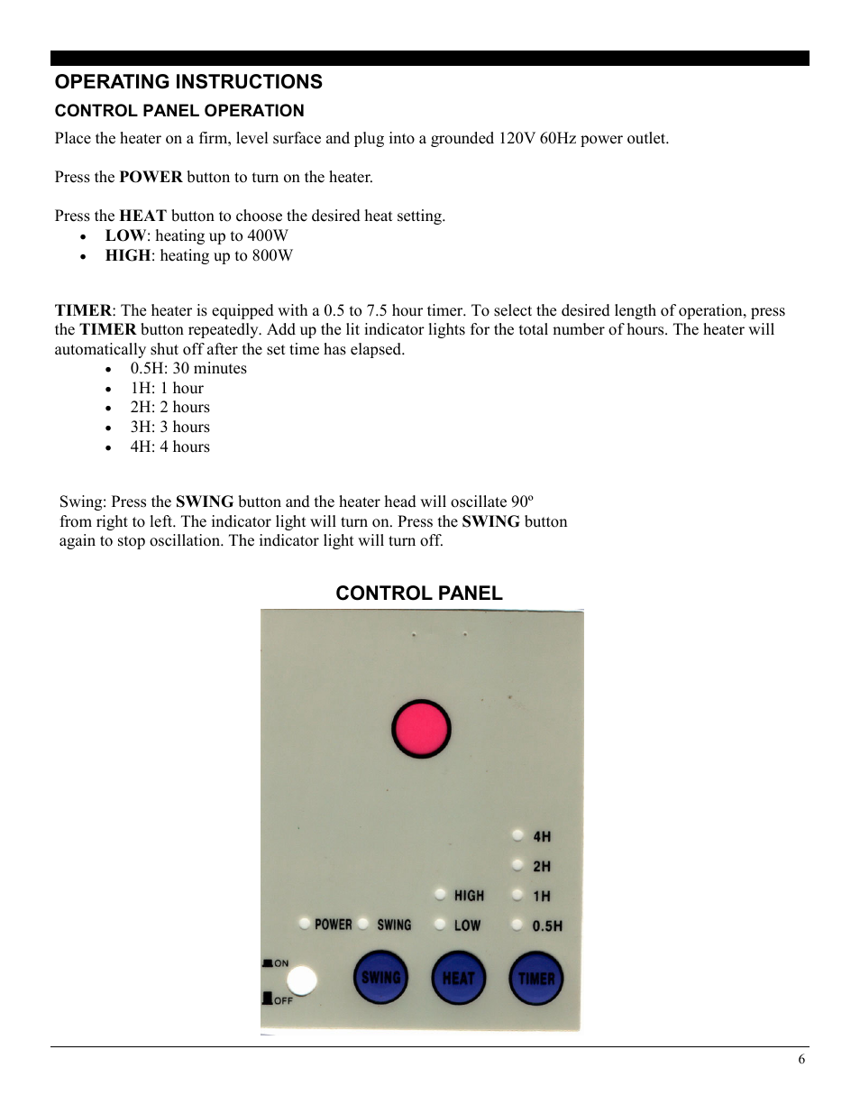 Operating instructions, Control panel | Soleus Air MS-10R User Manual | Page 6 / 9