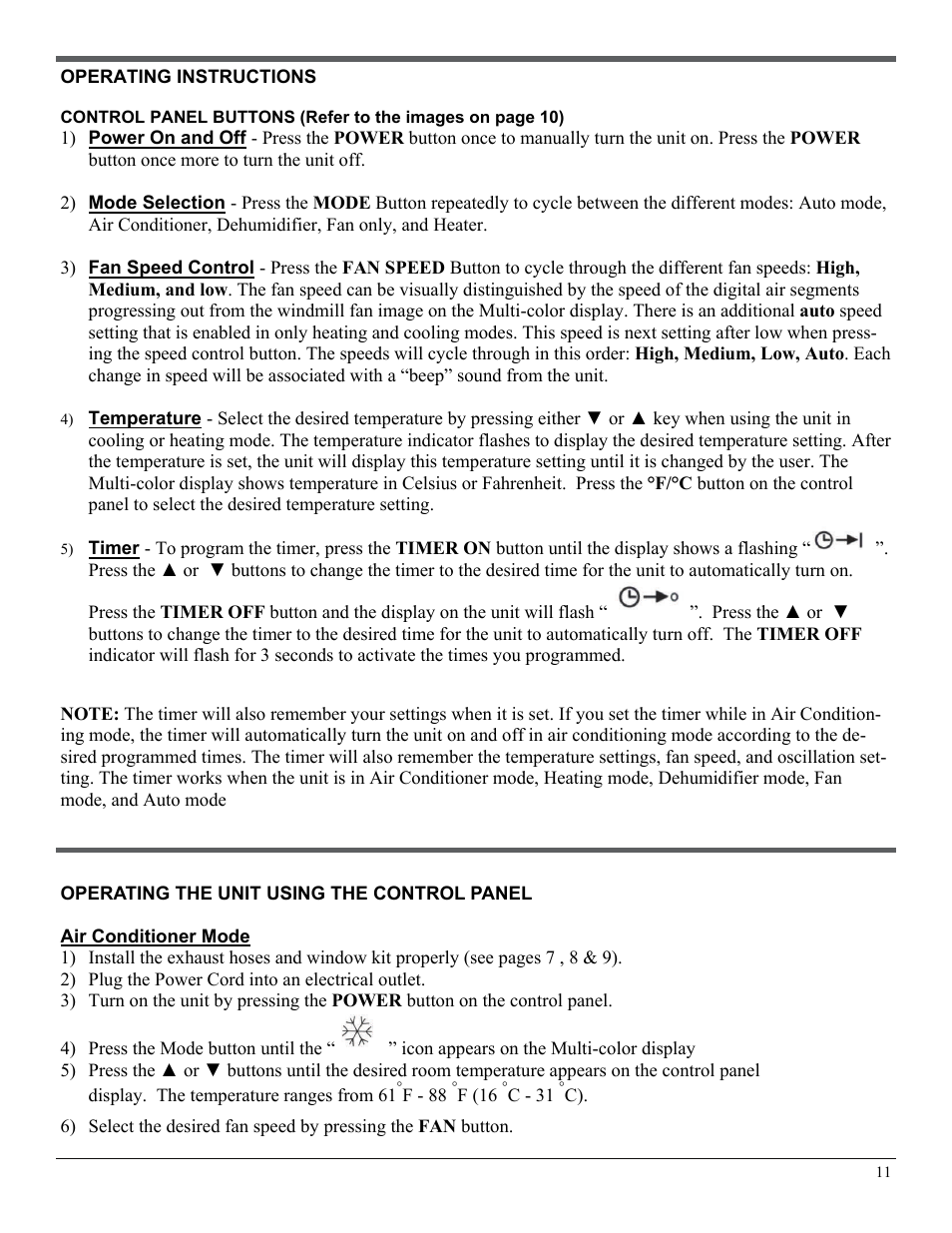 Operating the unit using the control panel | Soleus Air LX-140BL User Manual | Page 11 / 18