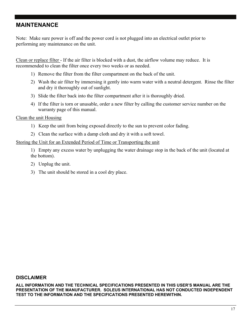 Disclaimer, Maintenance | Soleus Air LX-140BL User Manual | Page 17 / 18