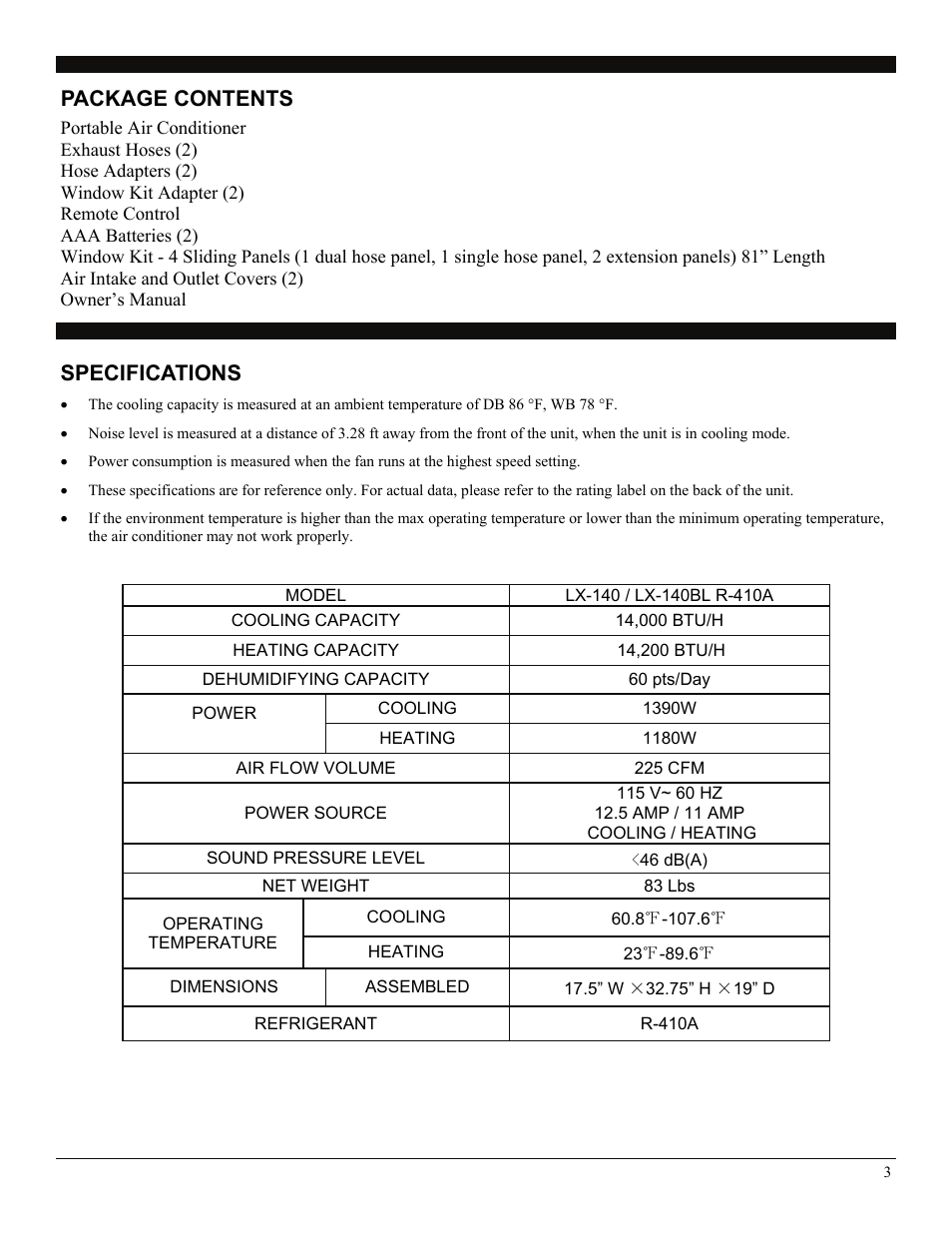 Specifications, Package contents | Soleus Air LX-140BL User Manual | Page 3 / 18