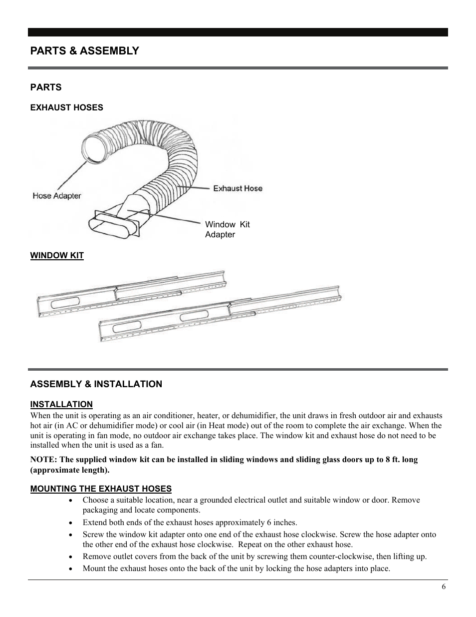 Exhaust hoses, Window kit, Installation | Mounting the exhaust hoses, Parts & assembly | Soleus Air LX-140BL User Manual | Page 6 / 18