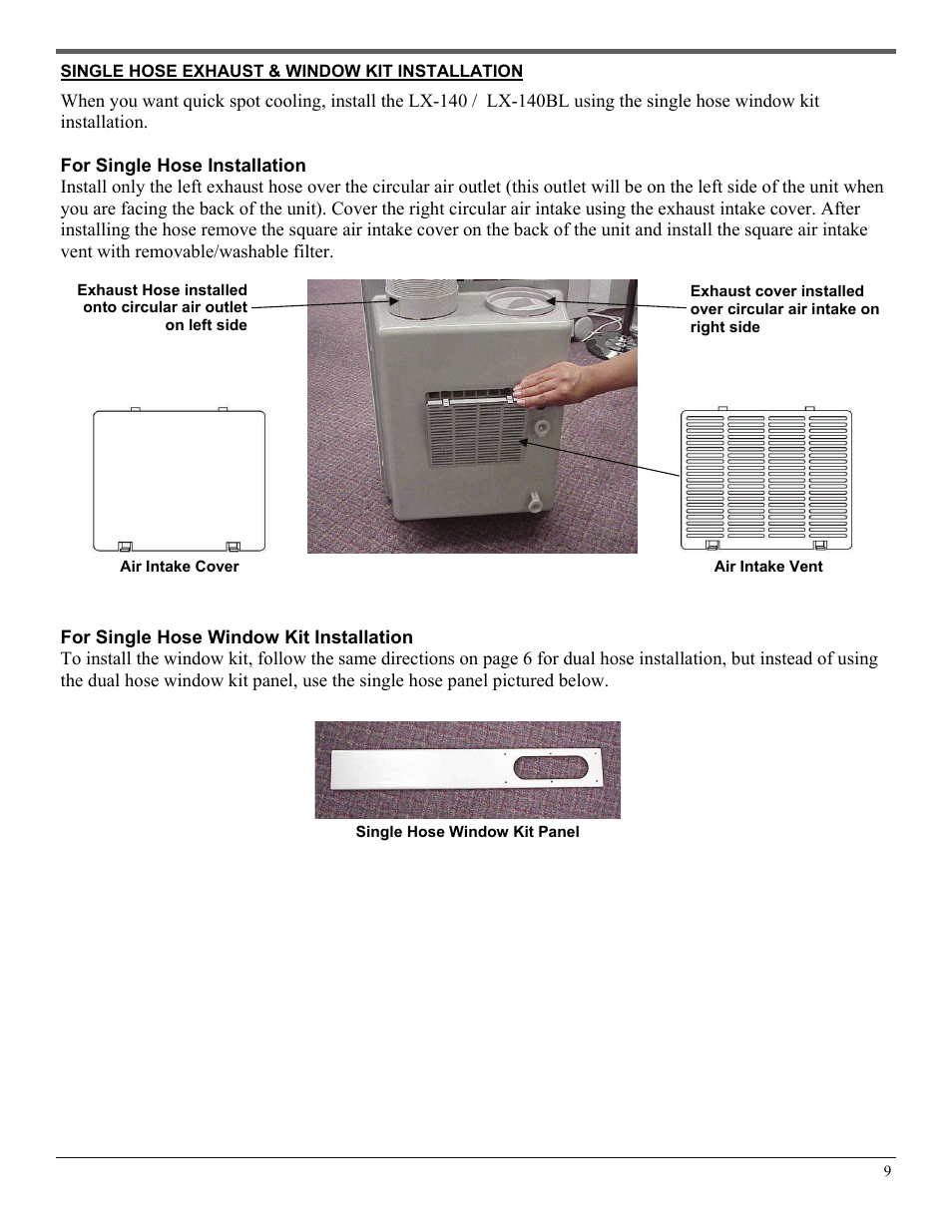 Single hose exhaust & window kit installation | Soleus Air LX-140BL User Manual | Page 9 / 18
