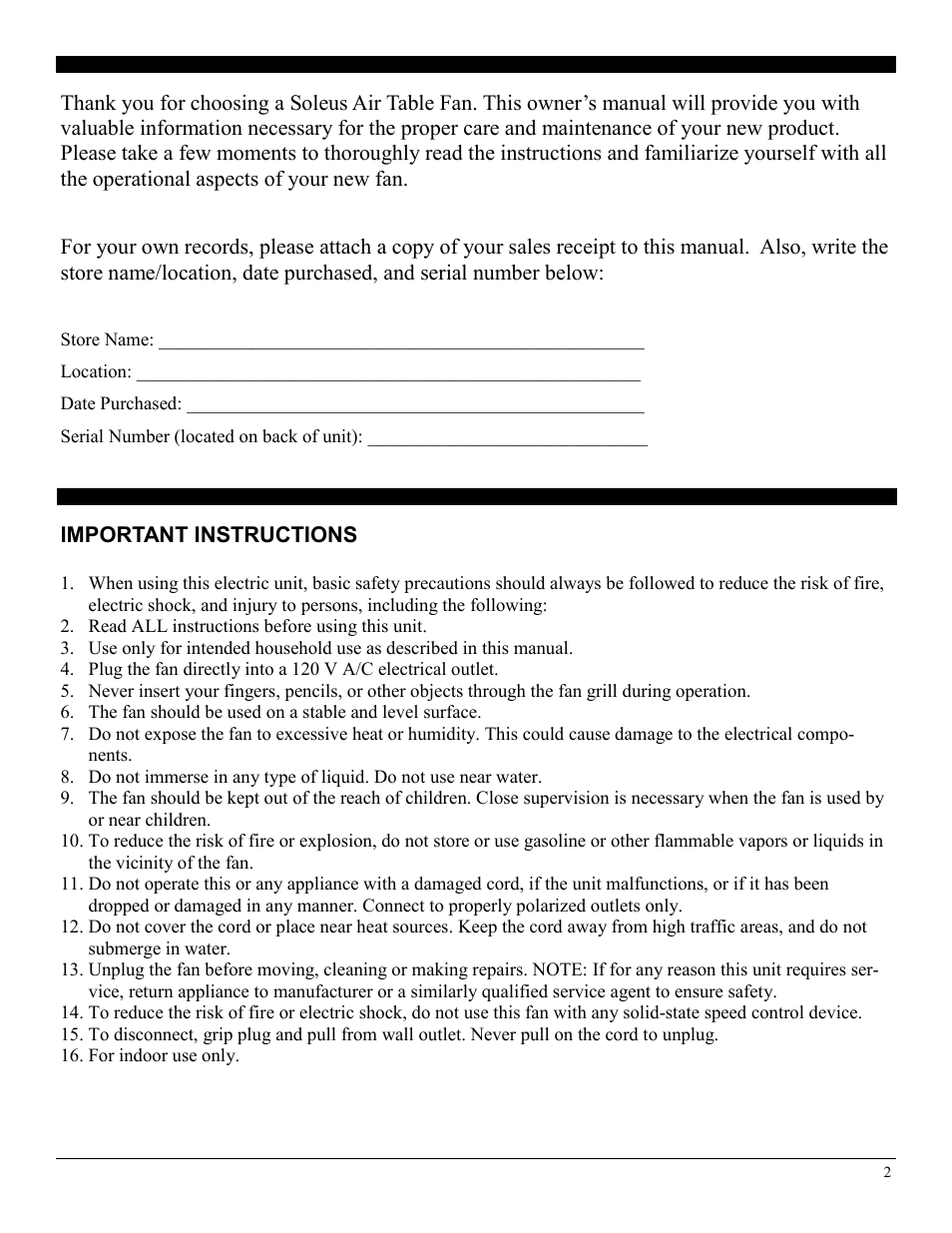 Soleus Air FT1-20-10 User Manual | Page 2 / 6
