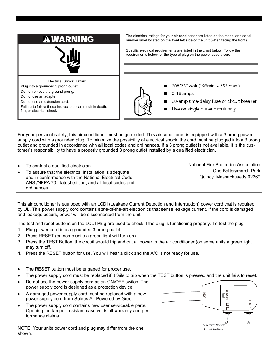 Electrical requirements, Nema 6-20p | Soleus Air Electronic Window Air Conditioner SG-WAC-25ESE-C User Manual | Page 3 / 21