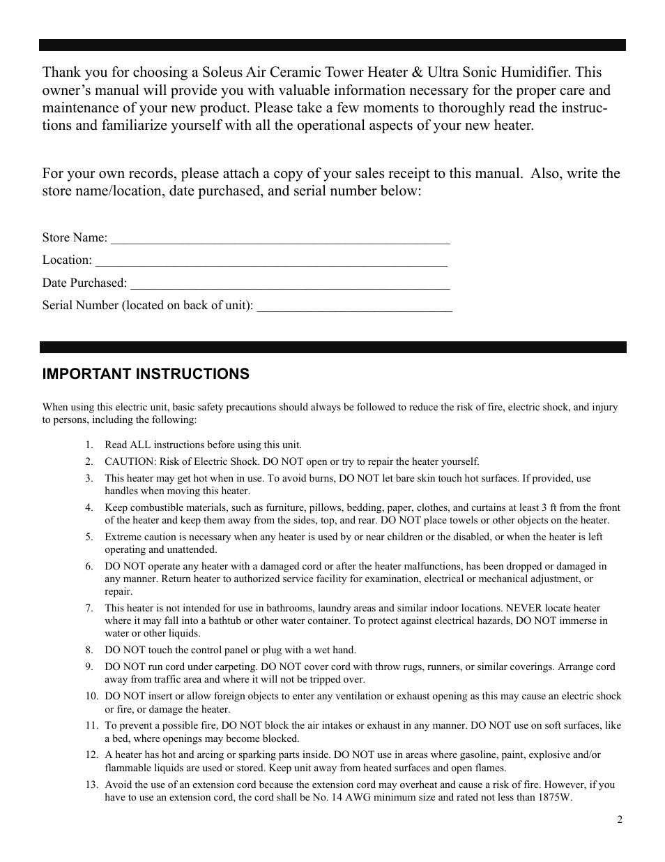 Important instructions | Soleus Air HC4-15-20 User Manual | Page 2 / 7
