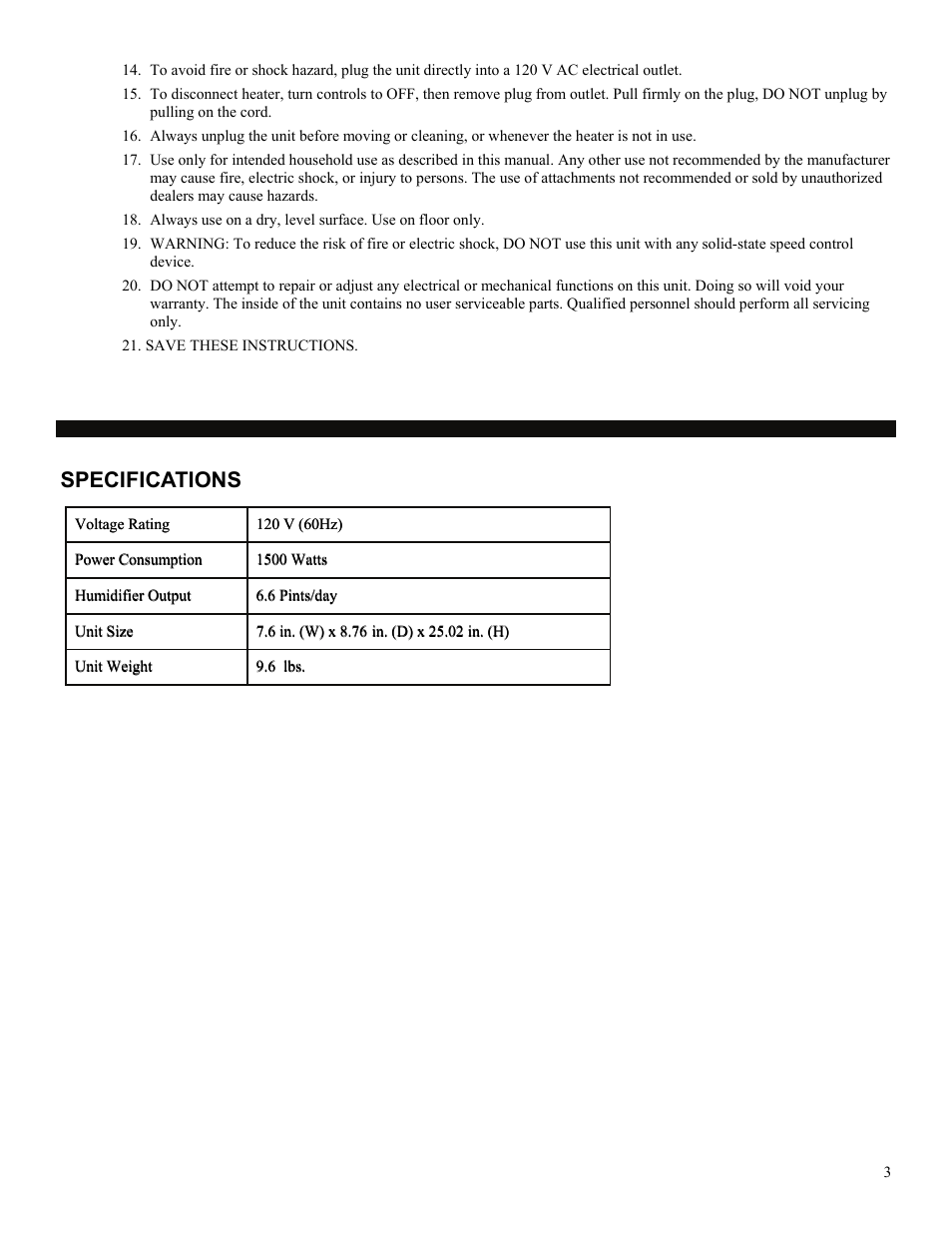 Specifications | Soleus Air HC4-15-20 User Manual | Page 3 / 7